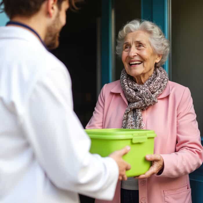 Man in white coat gives green food container to happy senior woman at her front door. Helper brings meal assistance for, elderly person at home. Caring service for aged.