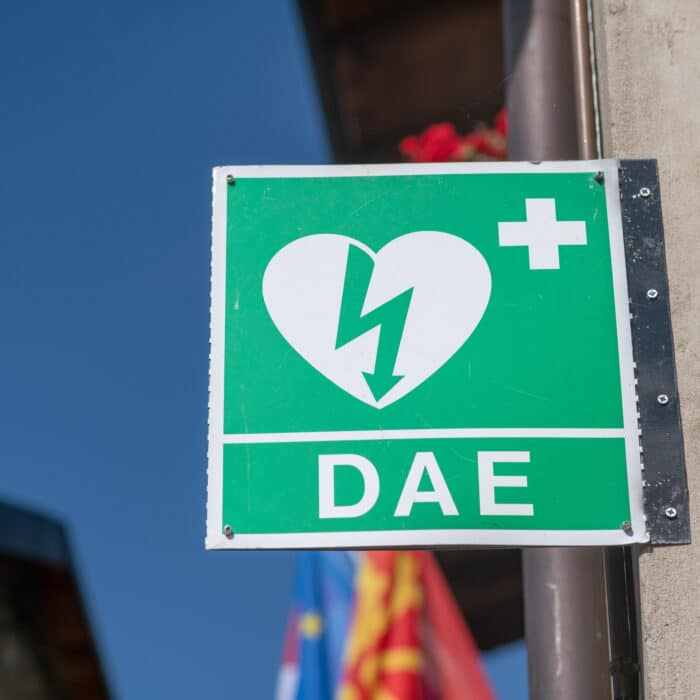 Green sign, indicates the position of the AED defibrillator for emergency, and health in safety, it is a lifesaver, ready, accessible, visible, for cardiac arrest support.